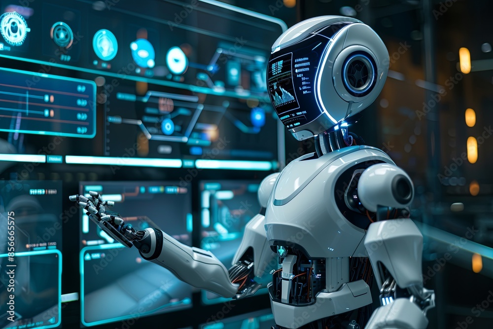 Aufkleber A white humanoid robot with a touchscreen interface interacts with a human in a futuristic, modern setting. The screen displays various AI functions and options. Generative AI