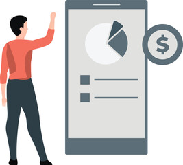 A boy is looking at a pie graph on a mobile phone