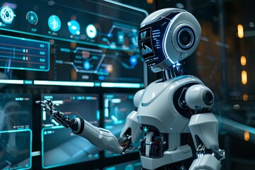 A white humanoid robot with a touchscreen interface interacts with a human in a futuristic, modern setting. The screen displays various AI functions and options. Generative AI