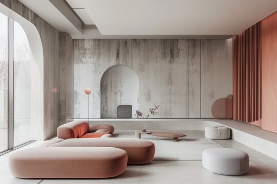 Modern Minimalist Interior Design with Soft Pastel Furniture and Concrete Walls - Ideal for Contemporary Home Decor or Architecture Magazines