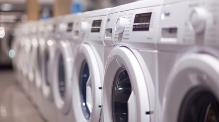 White Front Loading Washing Machines and Dryers in Lined-Up Formation