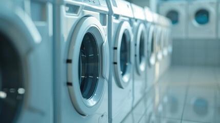 White Front Loading Washing Machines and Dryers in Lined-Up Formation