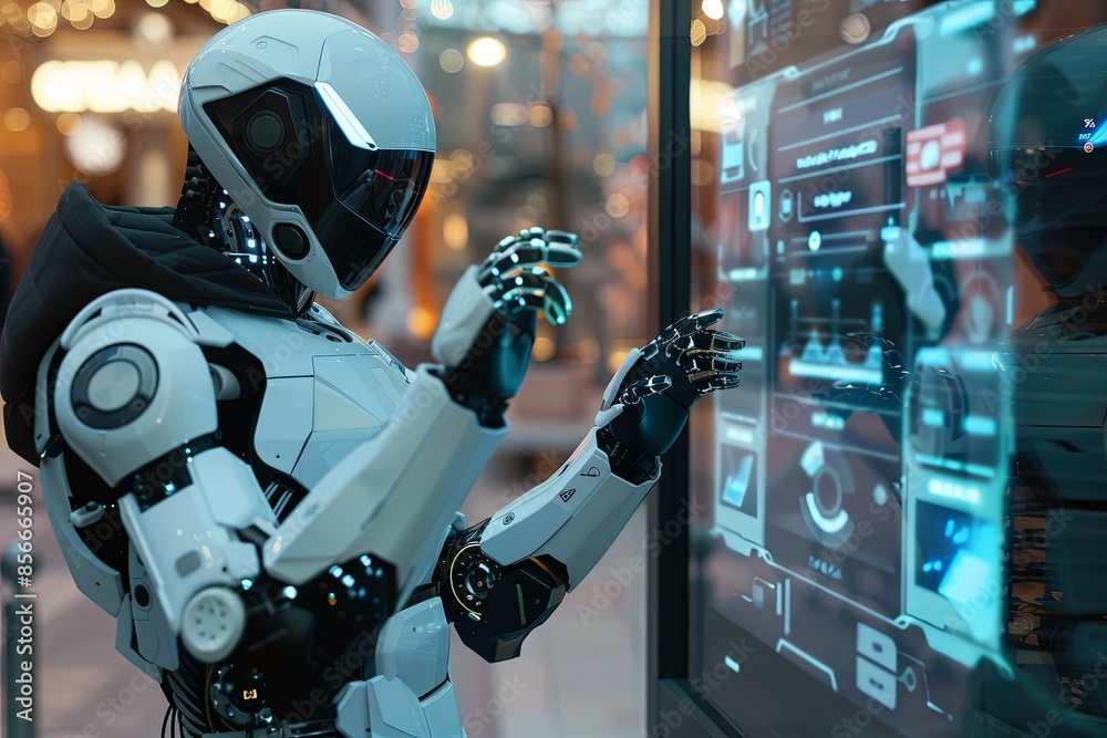 Fototapete a humanoid robot with a white and black exterior interacts with a touchscreen display featuring ai f