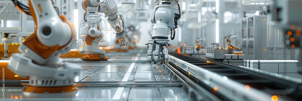 Aufkleber A close-up view of robotic arms operating on a conveyor belt within a modern industrial setting. The automated systems are controlled by AI to optimize production processes. Generative AI