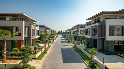 Fototapeta premium Modern house, clear sky, environmentally friendly.