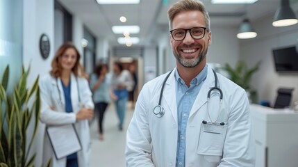 Fototapeta premium Doctor Portrait in Office: A doctor sitting at a desk in a well-lit office, with a reassuring expression.