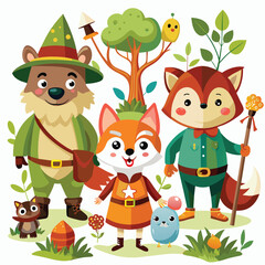 Naklejka premium An illustration depicting a group of woodland animals dressed in whimsical outfits standing in a clearing