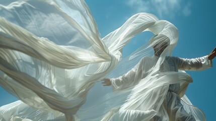 Naklejka premium The veil of a Sufi dancer swirls around him in a whirl of white fabric symbolizing the search for spiritual enlightenment.