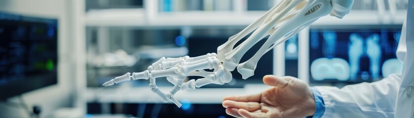 Close-up of a human hand interacting with a robotic arm in a laboratory setting, symbolizing advanced technology and innovation.