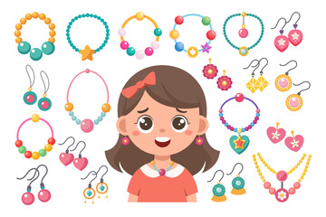 Kids jewelry set. Colorful handmade bracelets, earrings and necklaces with plastic beads, stars, hearts, flowers. Illustration in flat style.