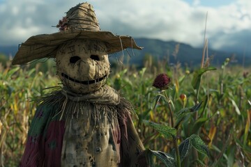 Fototapeta premium A creepy scarecrow stands in a cornfield, dressed in tattered clothes and a straw hat, with a spooky face, under a cloudy sky.