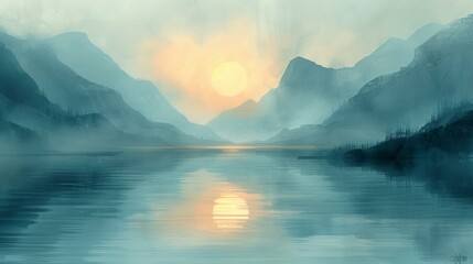 Serene Landscape Painting, Mountains and Lake