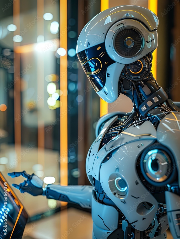 Leinwandbilder a humanoid robot with a sleek, white design uses a touchscreen interface in a modern setting. the ro
