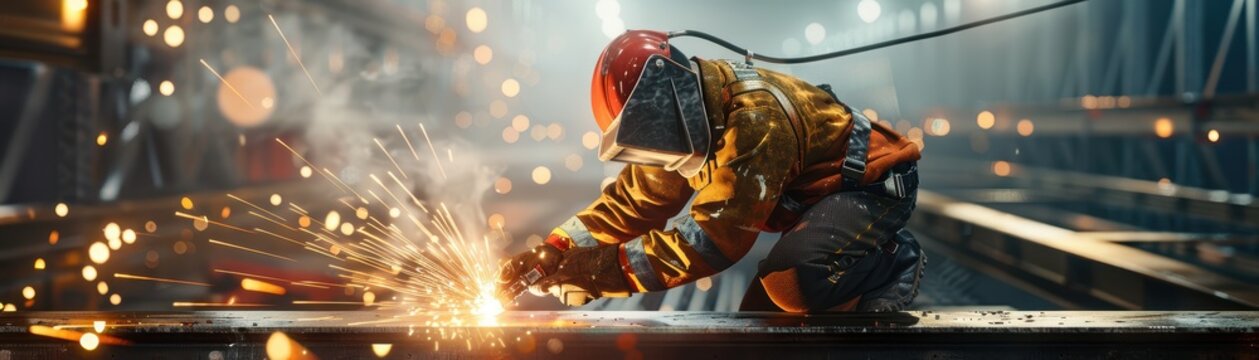 Industrial worker welding metal with sparks flying in a factory setting, wearing protective gear, focusing on welding task.