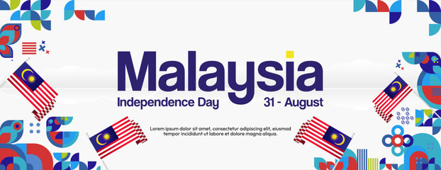 Malaysia Independence Day banner in modern geometric style. Wide banner with typography and also country flag. Background for National holiday celebration party. Happy Merdeka Day of Malaysia