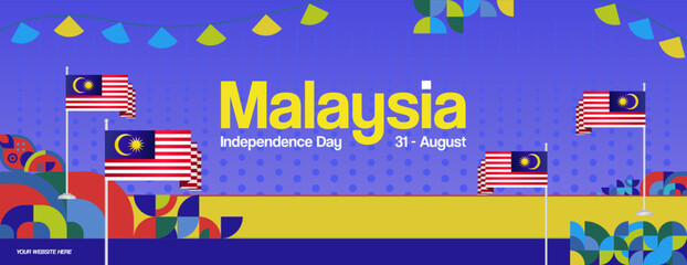 Obraz premium Malaysia Independence Day banner in modern geometric style. Wide banner with typography and also country flag. Background for National holiday celebration party. Happy Merdeka Day of Malaysia