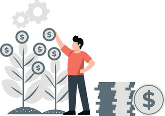 The boy is looking at the growth of dollar plant.