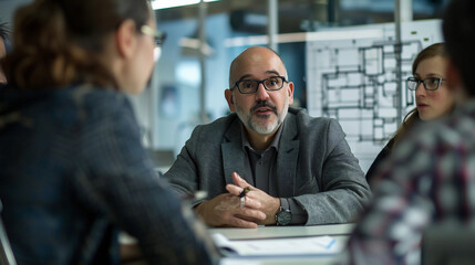 Business man with glasses discussing with colleagues in an office, architectural blueprints in the background, engaging in a professional meeting