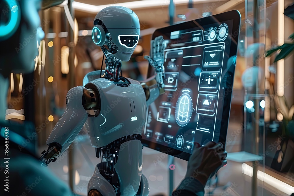 Poster a humanoid robot, equipped with a touchscreen interface, interacts with a human in a sleek, modern s