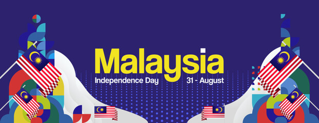 Malaysia Independence Day banner in modern geometric style. Wide banner with typography and also country flag. Background for National holiday celebration party. Happy Merdeka Day of Malaysia