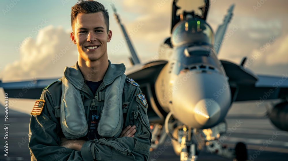 Wall mural A Navy jet fighter pilot poses proudly in front of his aircraft 