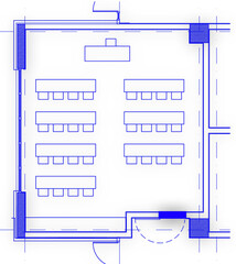 2d architectural drawing illustration of a primary school classroom for 28 students. Basic layout with desks for four. Educational space.  Blue colored lines on white background.  