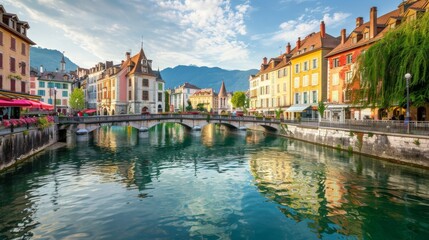 Annecy old town cityscape and Thiou river view and bridge