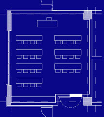 2d architectural drawing illustration of a primary school classroom for 28 students. Basic layout with desks for four. Educational space.  Image in blueprint style. 
