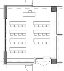 2d architectural drawing illustration of a primary school classroom for 28 students. Basic layout with desks for four. Educational space. Monochrome image