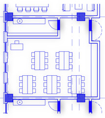2d architectural drawing illustration of a laboratory classroom for primary school. Educational space for children. Blue colored lines on white background. 