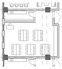 2d architectural drawing illustration of a laboratory classroom for primary school. Educational space for children. Monochrome image