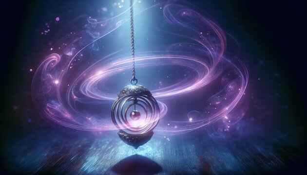 mystical pendulum with shimmering rings suspended in mid-air, emanating a soft purple glow and ethereal swirls on a dark background.