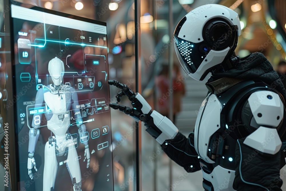 Aufkleber A humanoid robot with a sleek, white design interacts with a touchscreen interface, displaying various AI functions and options. The robot is situated in a modern setting. Generative AI