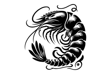 Shrimp silhouette sea animal. Vector sketch illustration.. black and white engraved isolated shrimp illustration