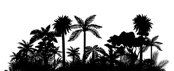Jungle landscape. Vector background with silhouette of rainforest. Horizontal black panoramic border with palms, trees and bushes.
