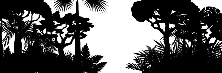 Jungle landscape. Vector background with silhouette of rainforest. Horizontal black panoramic border with palms, trees and bushes.