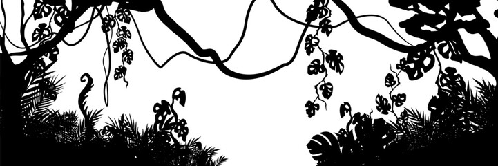 Jungle landscape. Vector background with silhouette of rainforest. Horizontal black panoramic border with lianas, palms, trees and bushes.