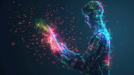 Digital Person with Tablet in Colorful Lights