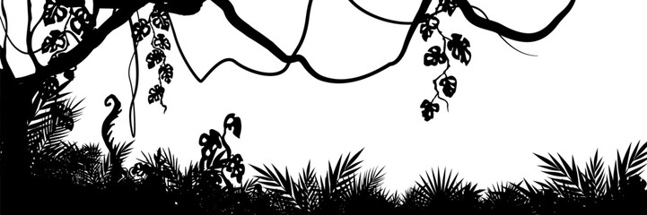 Jungle landscape. Vector background with silhouette of rainforest. Horizontal black panoramic border with lianas, palms, trees and bushes.