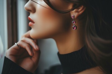 Obraz premium close up profile of elegant woman with earring and ring, soft skin model, presentation of jewelry set, makeup fashion style, accessory jewellery banner, bijouterie wallpaper