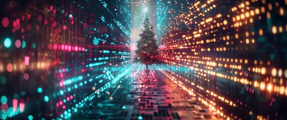 Obraz premium A Christmas tree illuminated with digital neon lights in a futuristic setting. Vibrant blue, pink, and yellow lights create a dazzling holiday ambiance