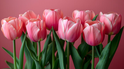Fototapeta premium A close-up of a bouquet of fresh pink tulips with green stems, set against a matching pink background, creating a harmonious and aesthetically pleasing image.