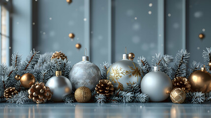 Silver and Gold Holiday Decorations - A beautiful arrangement of silver and gold Christmas ornaments and pinecones, set against a stylish gray backdrop, creating a festive ambiance.