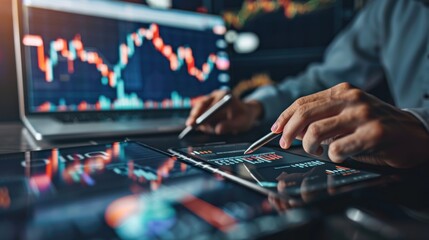 Financial Analyst Studying Stock Market Data on Tablet
