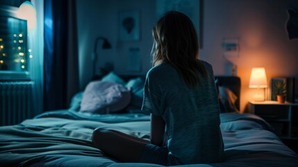 Young woman with long hair sitting on bed at night, battling insomnia. Dimly lit bedroom with blue and warm light tones. She looks restless and contemplative