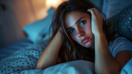 Fototapeta premium Young woman with long hair lying in bed, experiencing insomnia. She looks tired and troubled, with her hands on her head, under dim bedroom lighting