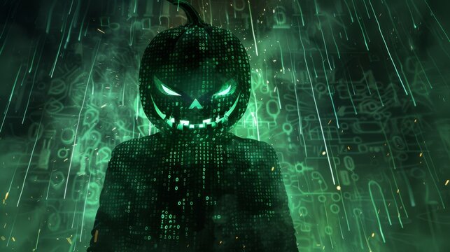 A glowing green jack-o-lantern head with binary code patterns, set in a digital matrix background, blending Halloween with futuristic technology