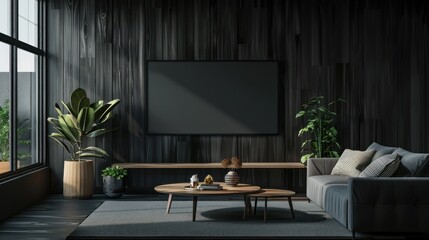 Modern Living Room with Dark Wood Walls and a Large TV
