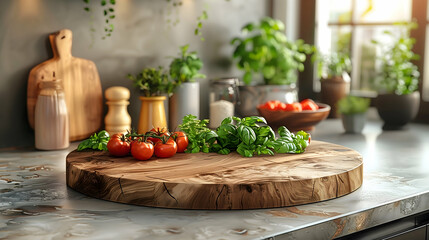 A rustic kitchen scene with a wooden platform displaying fresh herbs and vegetables, creating a warm and inviting atmosphere for culinary creativity.