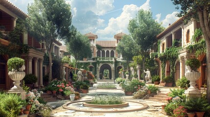 Fototapeta premium Ancient Roman Courtyard with Fountain and Statue